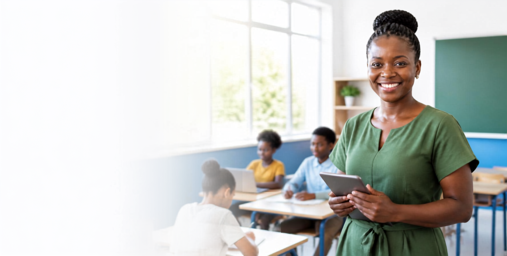 Teacher using CRAFT SMS on a tablet in a Liberian classroom